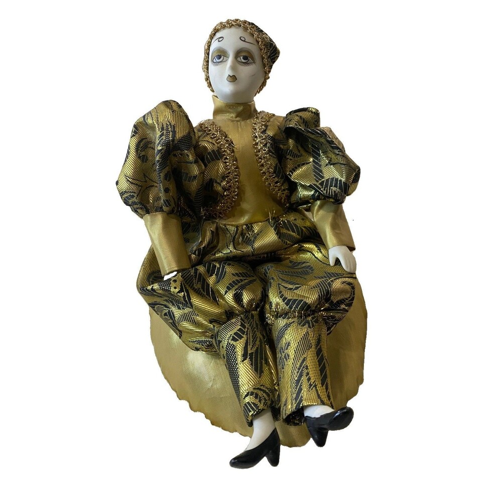 VTG 80 Porcelain Pierrot Jester Musical Doll Gold Black Lace Cushion Collectible